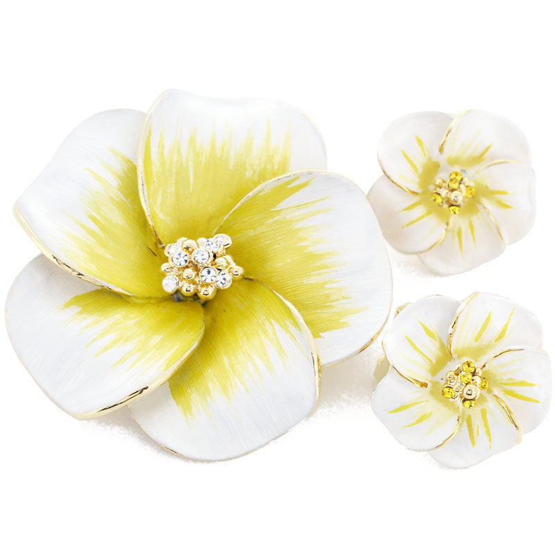 White Yellow Hawaiian Plumeria Swarovski Crystal Flower Pin Brooch And Earrings Gift Set