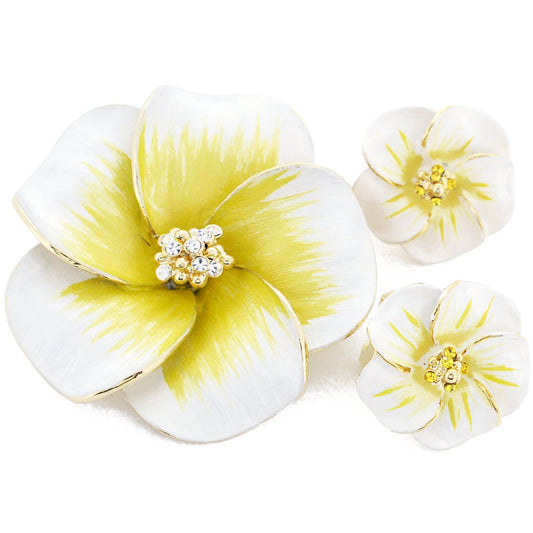 White Yellow Hawaiian Plumeria Swarovski Crystal Flower Pin Brooch And Earrings Gift Set
