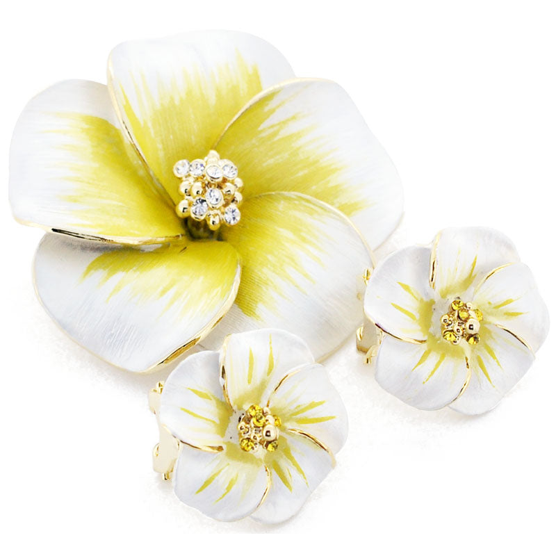 White Yellow Hawaiian Plumeria Swarovski Crystal Flower Pin Brooch And Earrings Gift Set