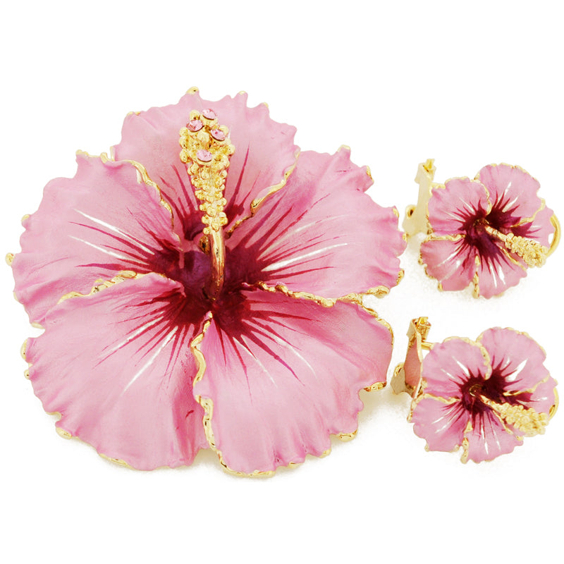 Pink  Hawaiian Hibiscus With Swarovski Crystal Flower Pin Brooch And Earrings Gift Set