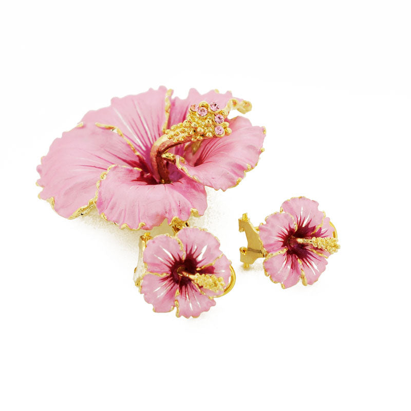 Pink  Hawaiian Hibiscus With Swarovski Crystal Flower Pin Brooch And Earrings Gift Set