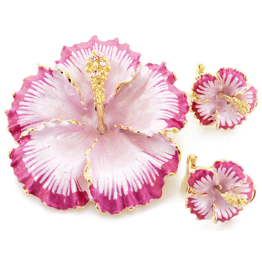 Fuchsia Pink Hawaiian Hibiscus Swarovski Crystal Flower Pin Brooch And Earrings Gift Set