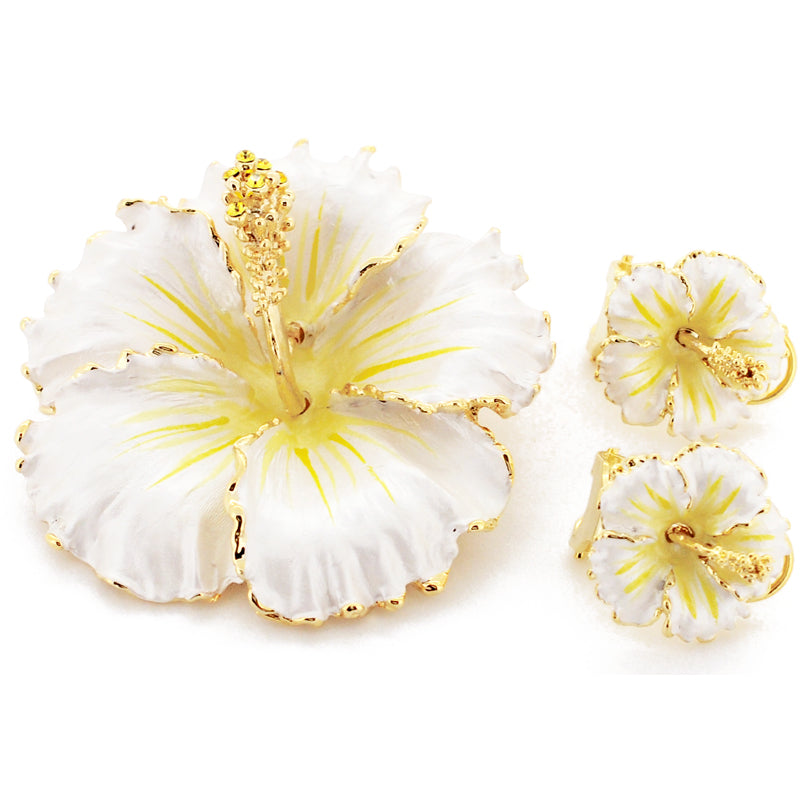 White Hawaiian Hibiscus Swarovski Crystal Flower Pin Brooch And Earrings Gift Set