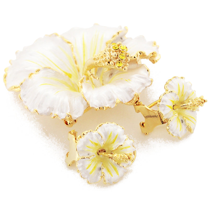 White Hawaiian Hibiscus Swarovski Crystal Flower Pin Brooch And Earrings Gift Set