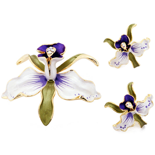 White Orchid Swarovski Crystal Flower Pin Brooch And Earrings Gift Set