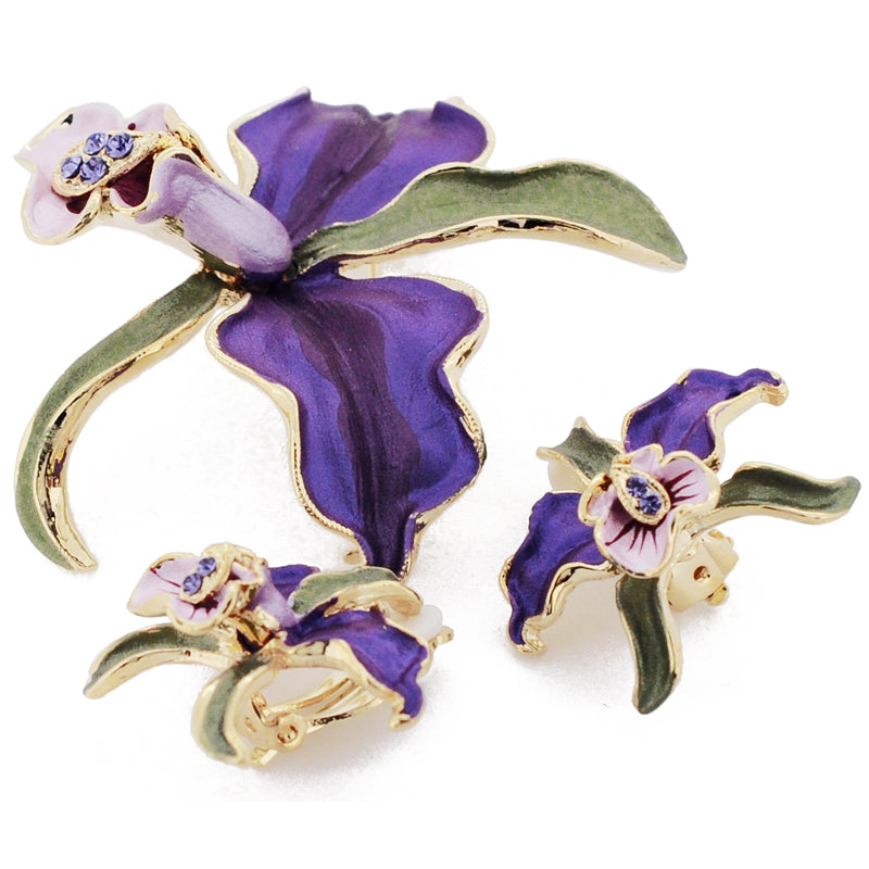 Purple Orchid Swarovski Crystal Flower Pin Brooch And Earrings Gift Set