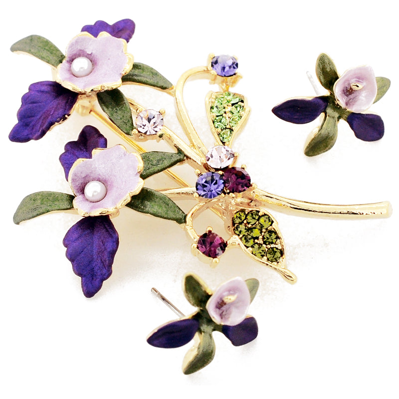 Purple Orchid With Swarovski Crystal Flower Pin Brooch And Earrings Gift Set