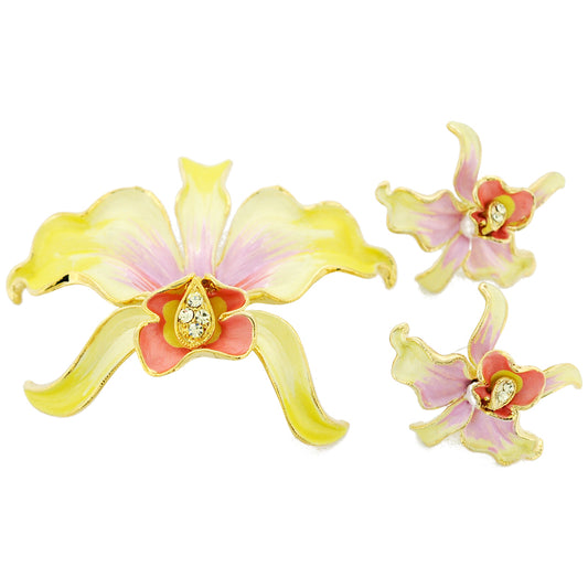 Jonquil Yellow Orchid Swarovski Crystal Flower Pin Brooch And Earrings Gift Set