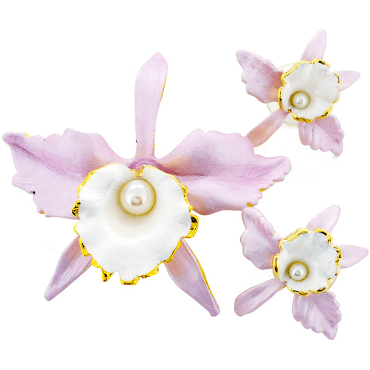 Pink Orchid With Pearl Flower Pin Brooch And Earrings Gift Set