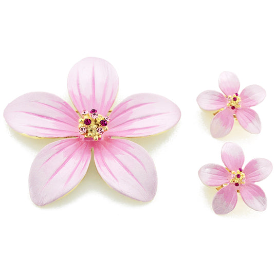 Pink Hawaiian Plumeria Flower Swarovski Crystal Earrings and Brooch pin Gift Set