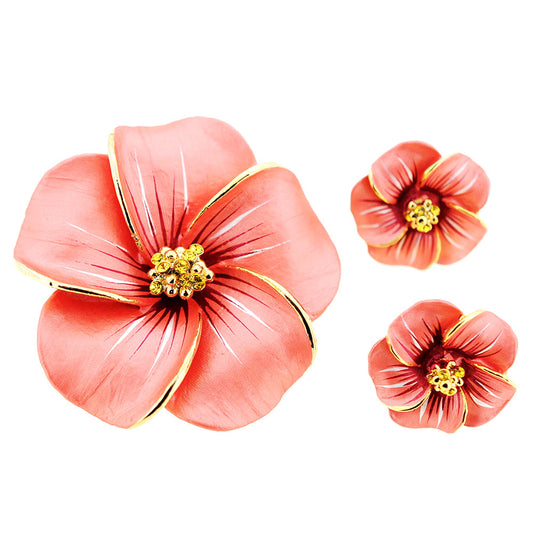 Peach Hawaiian Plumeria Swarovski Crystal Flower Pin Brooch And Earrings Gift Set