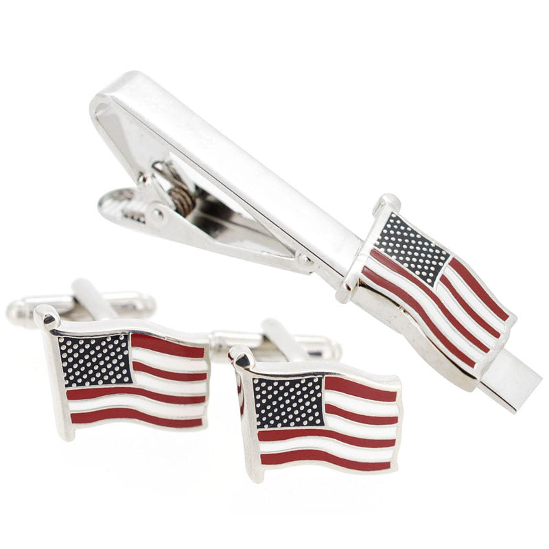 Silver Patriotic American Flag Men's Gift Set (Tie Clip + Cufflinks)