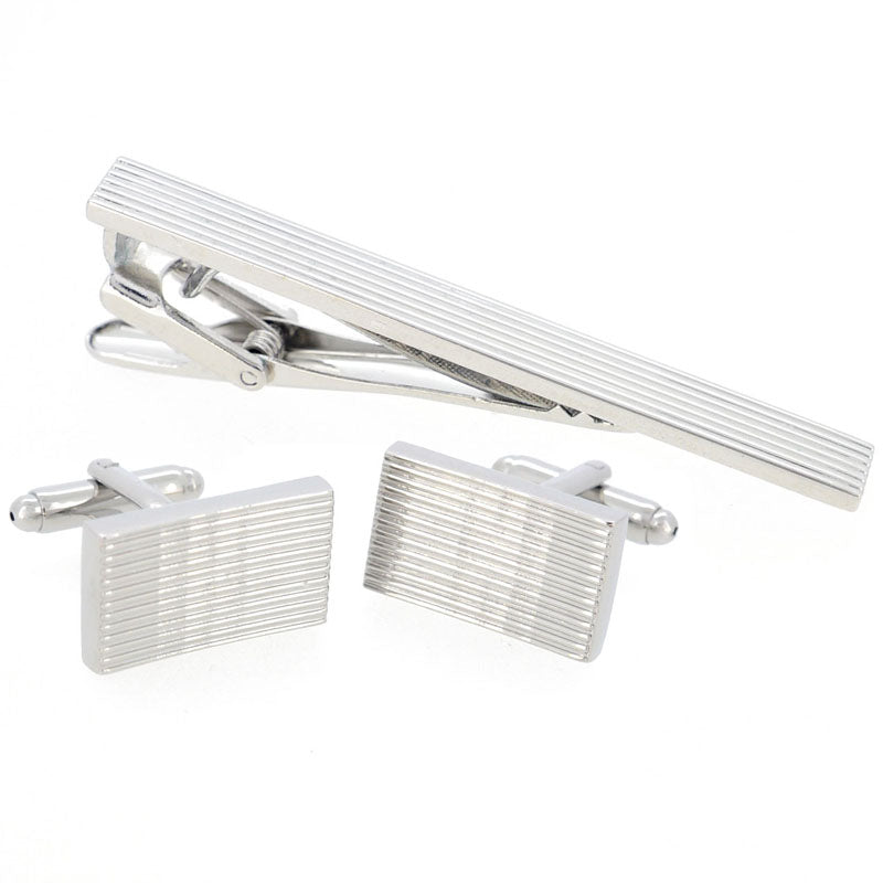 Silver Stripes Cufflinks And Tie Clip Set