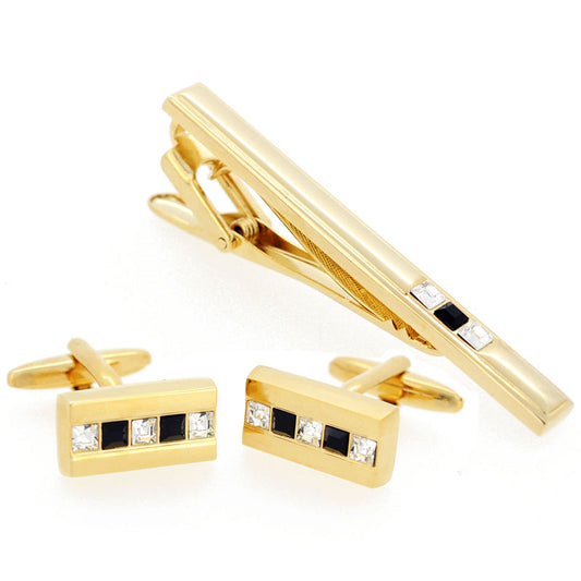 Jet Crystal Golden Rectangle Cufflinks And Tie Clip Set