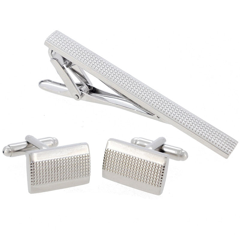 Silver Dots Cufflinks And Tie Clip Set