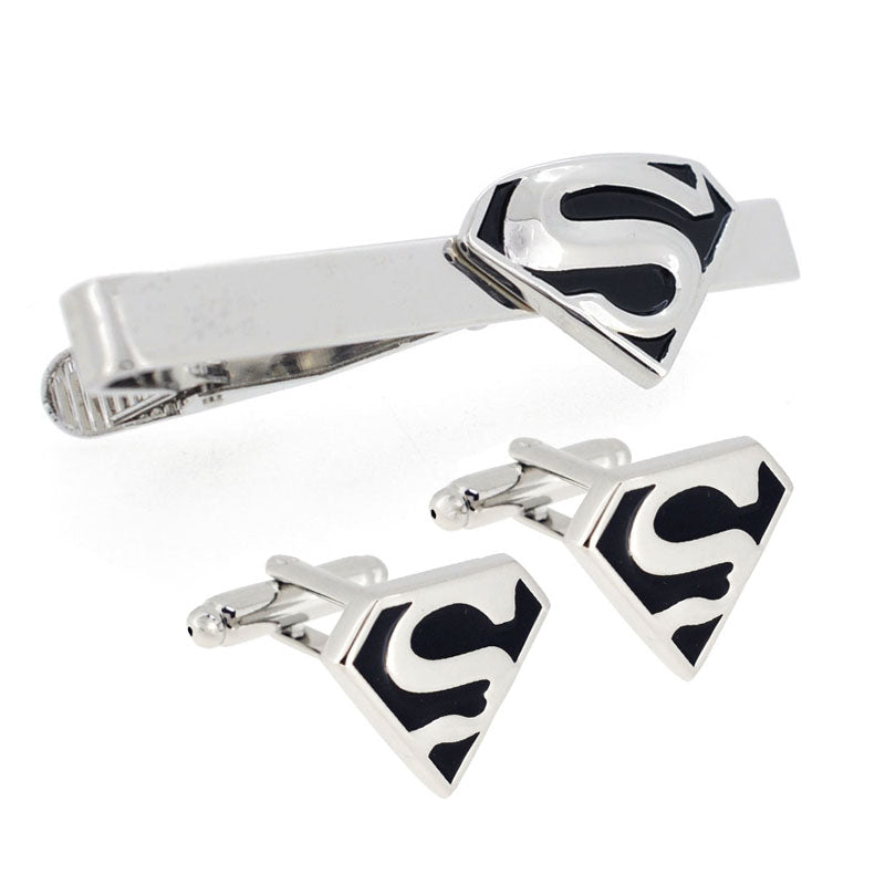 Black and Silver Superman Cufflinks And Tie Clip Set