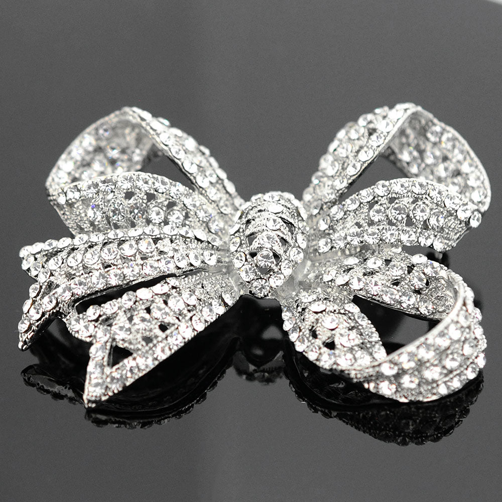 Silver Chrome Bow Knot Crystal Pin Brooch